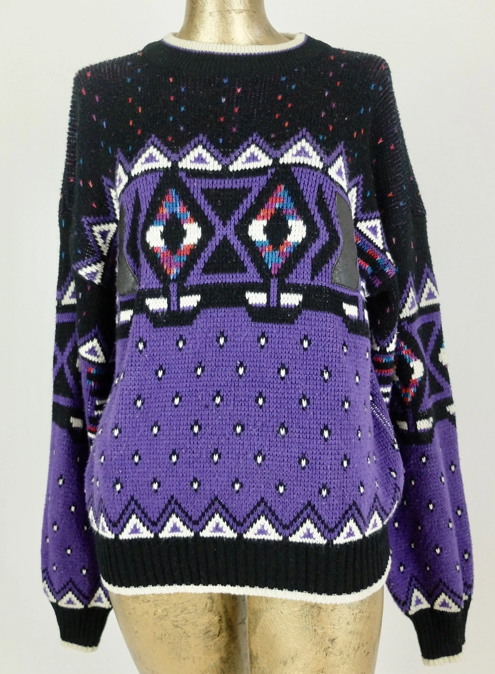 80s Abstract Geometric Pullover Sweater Jumper with Faux Leather Patches