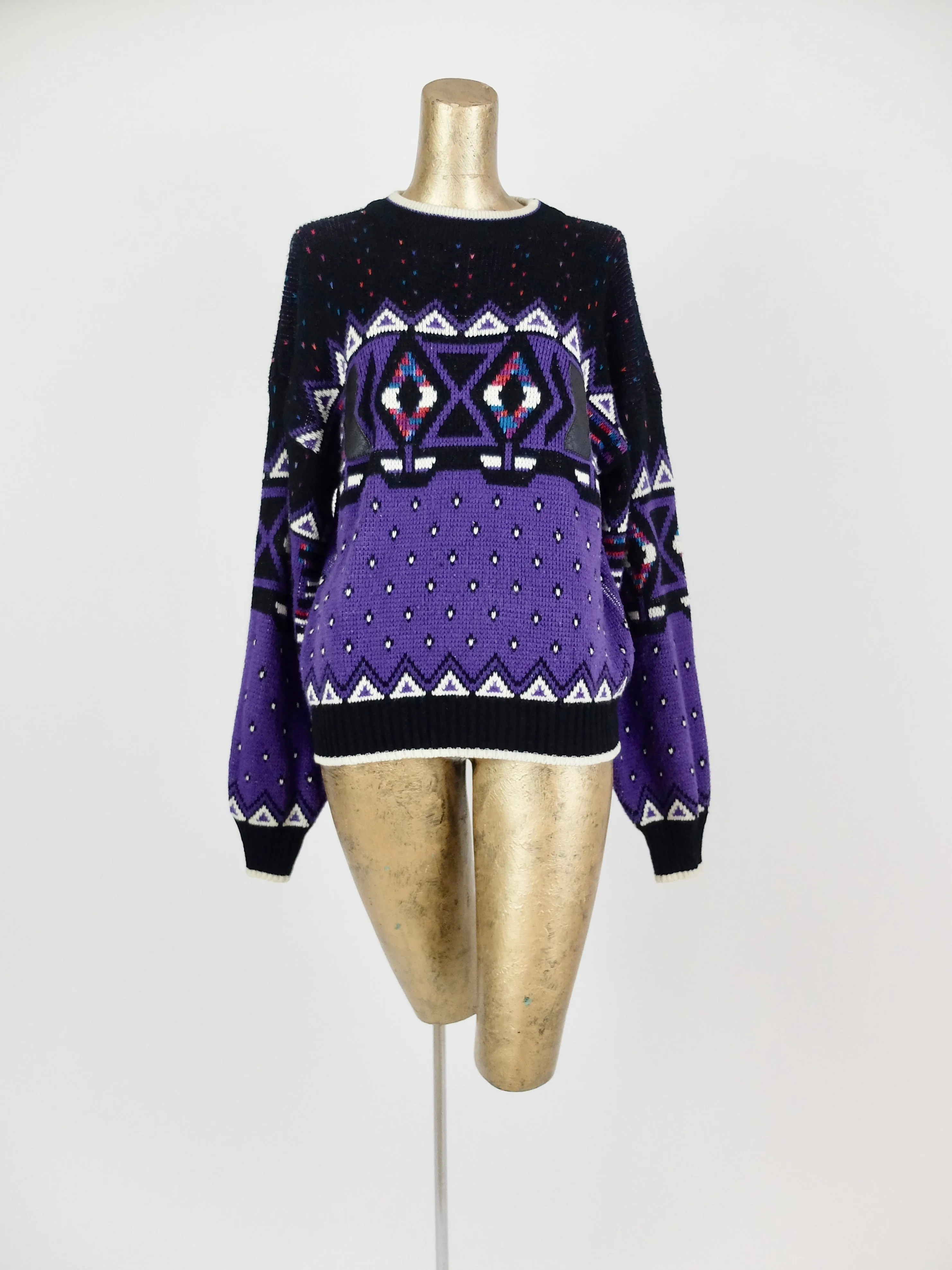 80s Abstract Geometric Pullover Sweater Jumper with Faux Leather Patches