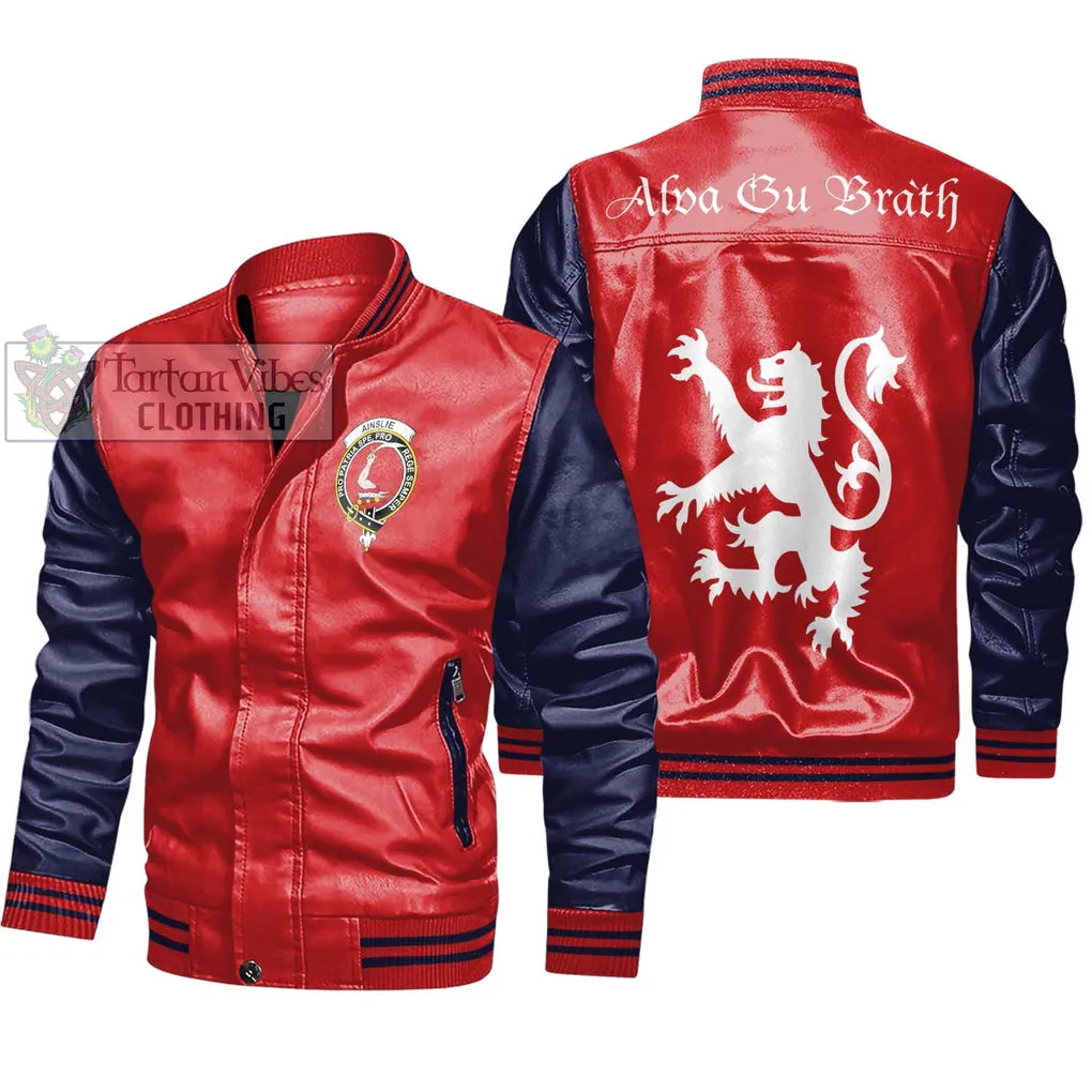 Ainslie Family Crest Leather Bomber Jacket Lion Rampant Alba Gu Brath Style
