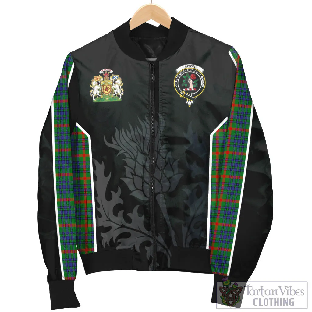 Aiton Tartan Bomber Jacket with Family Crest and Scottish Thistle Vibes Sport Style