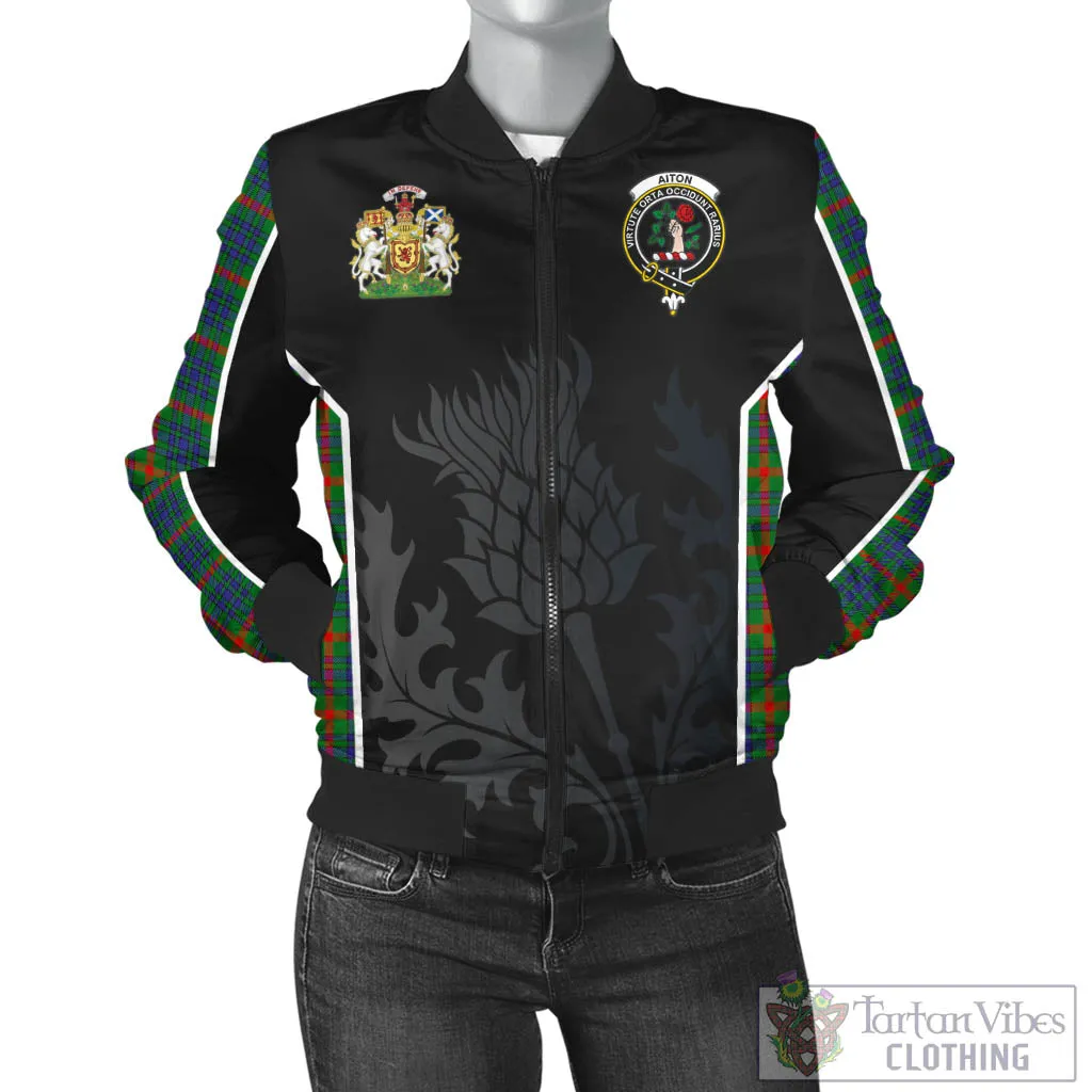 Aiton Tartan Bomber Jacket with Family Crest and Scottish Thistle Vibes Sport Style