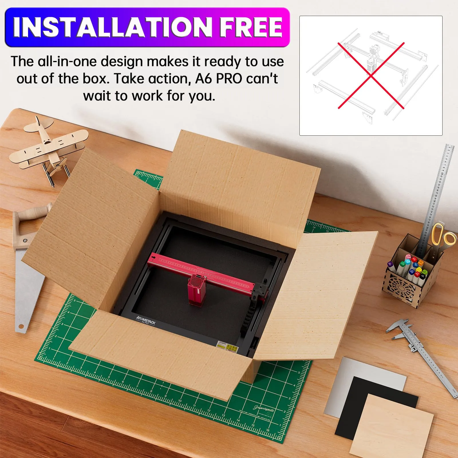 ATOMSTACK A6 Pro Laser Engraver for Beginners, Unibody Frame No Assembly Required, 6W Output Power Laser Engraving and Cutting Machine, Higher Accuracy Laser Cutter for Wood, Acrylic, Leather, etc.