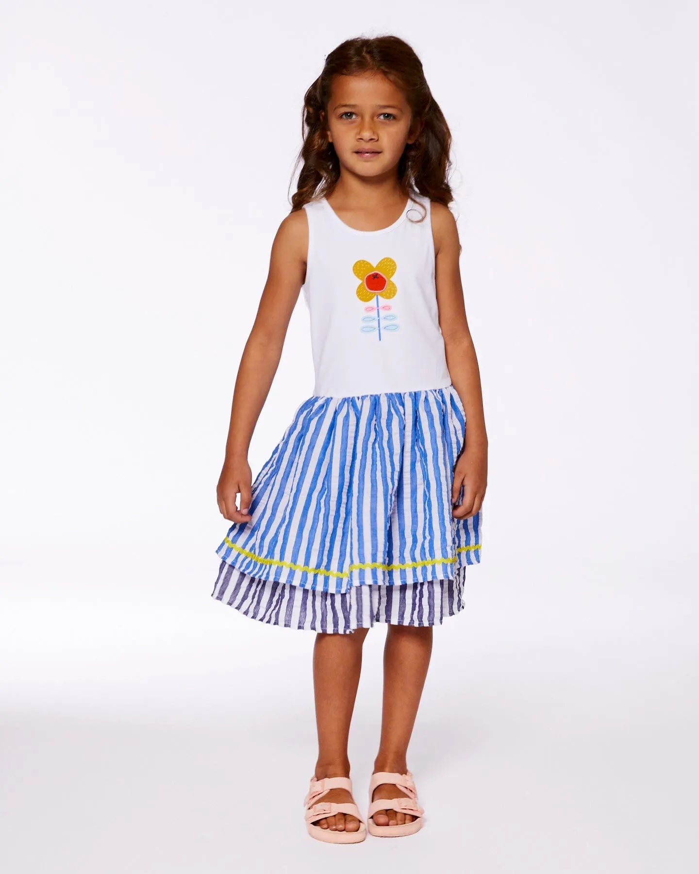 Bi-Material Cotton And Seersucker Dress White And Royal Blue