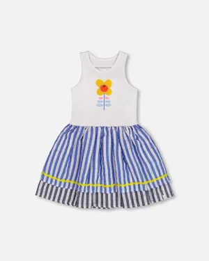 Bi-Material Cotton And Seersucker Dress White And Royal Blue