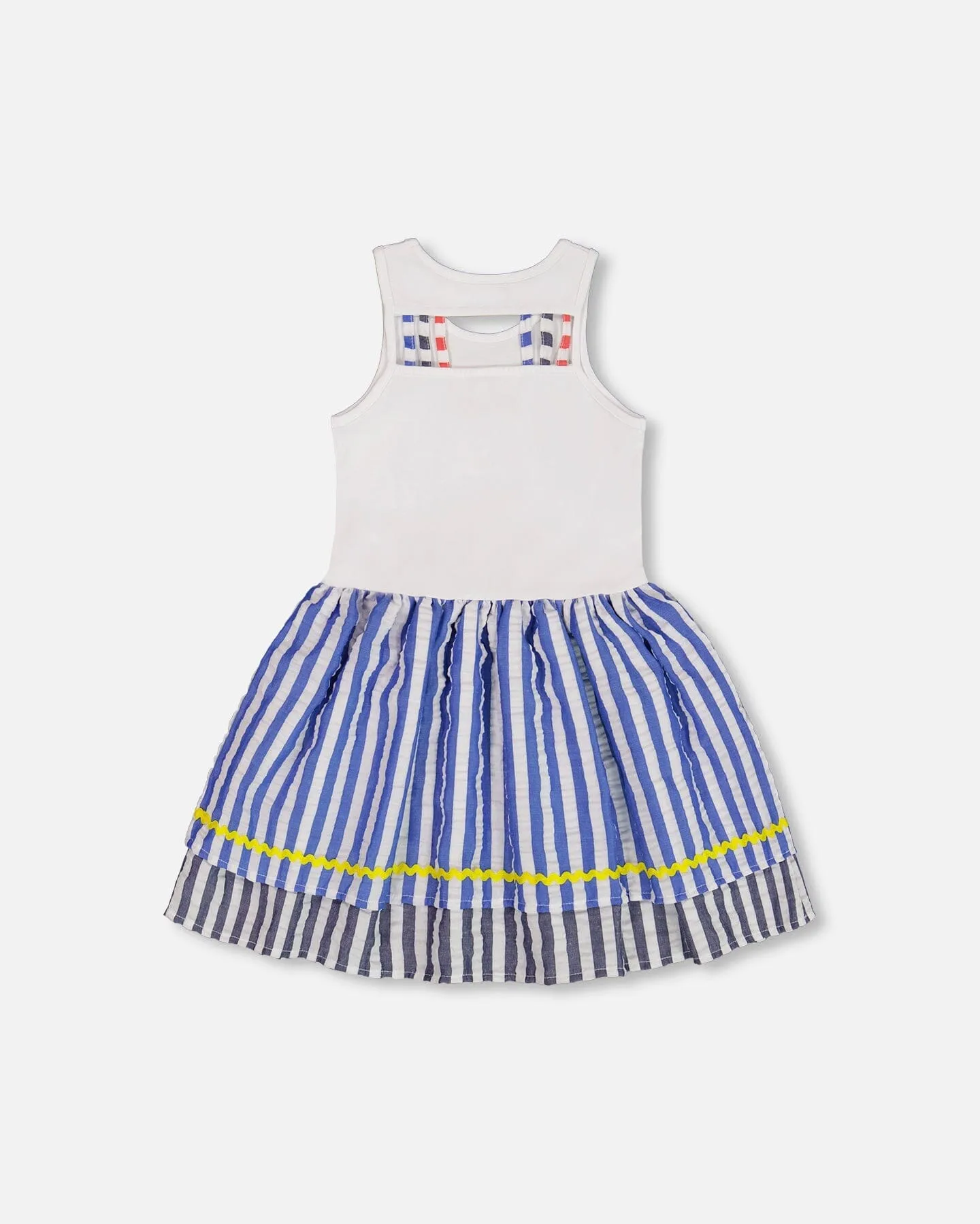 Bi-Material Cotton And Seersucker Dress White And Royal Blue