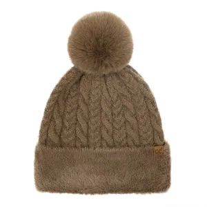 C.C Cable Knit Fuzzy Pom Beanie Mocha