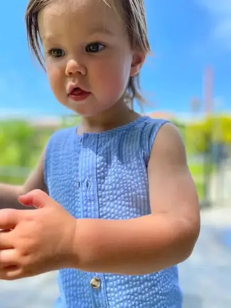 Cobalt seersucker playsuit | Me & Henry