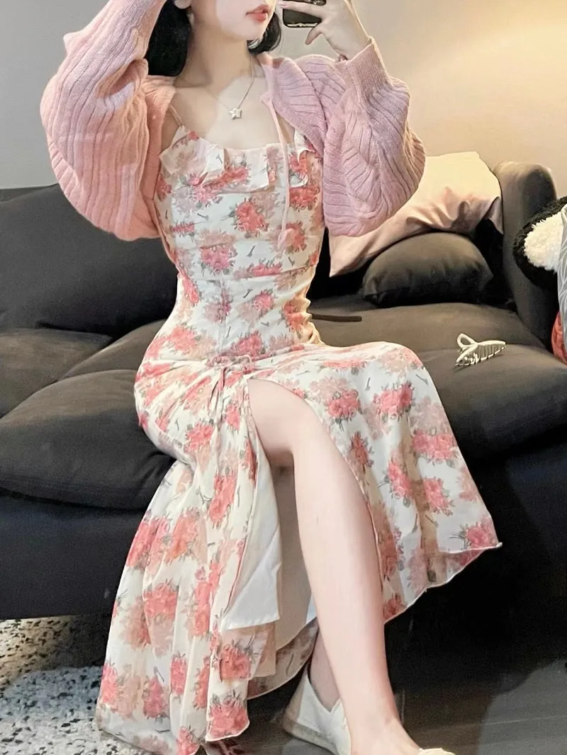 Elegant Classic Flower Floral Pink Knit Cardigan Strap Dress Two Piece Set