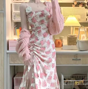Elegant Classic Flower Floral Pink Knit Cardigan Strap Dress Two Piece Set