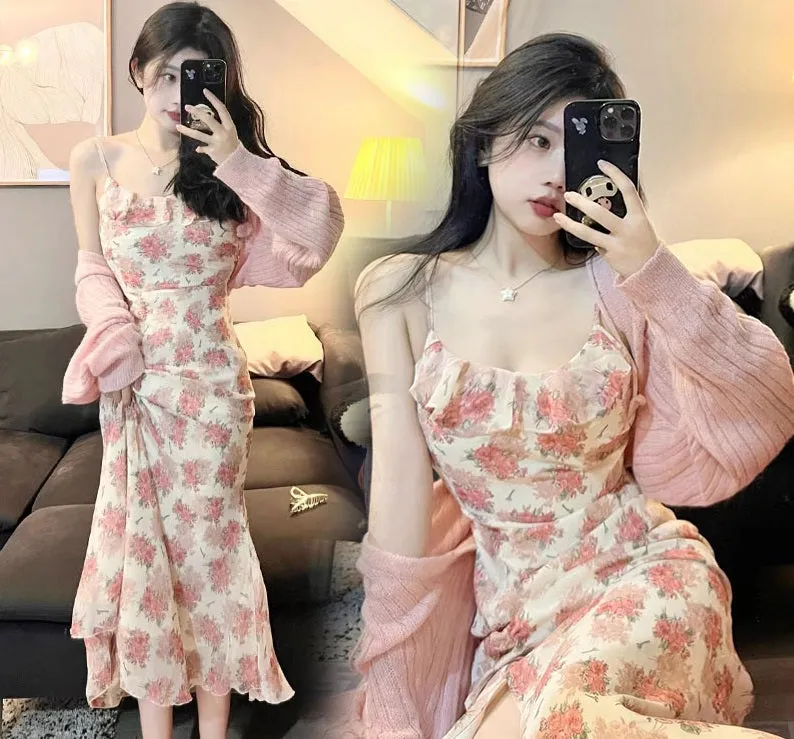 Elegant Classic Flower Floral Pink Knit Cardigan Strap Dress Two Piece Set