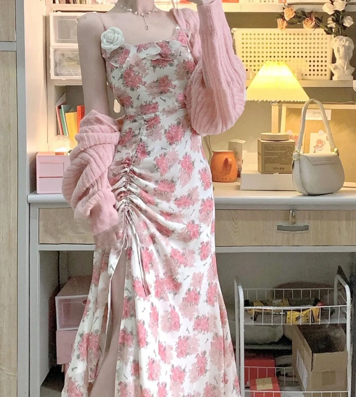 Elegant Classic Flower Floral Pink Knit Cardigan Strap Dress Two Piece Set
