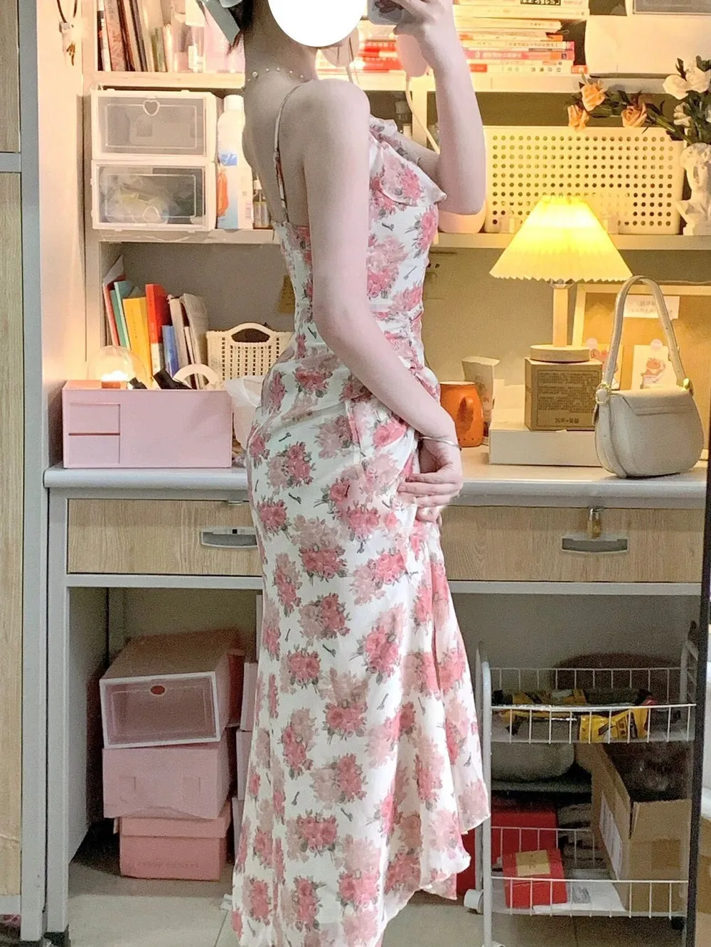 Elegant Classic Flower Floral Pink Knit Cardigan Strap Dress Two Piece Set