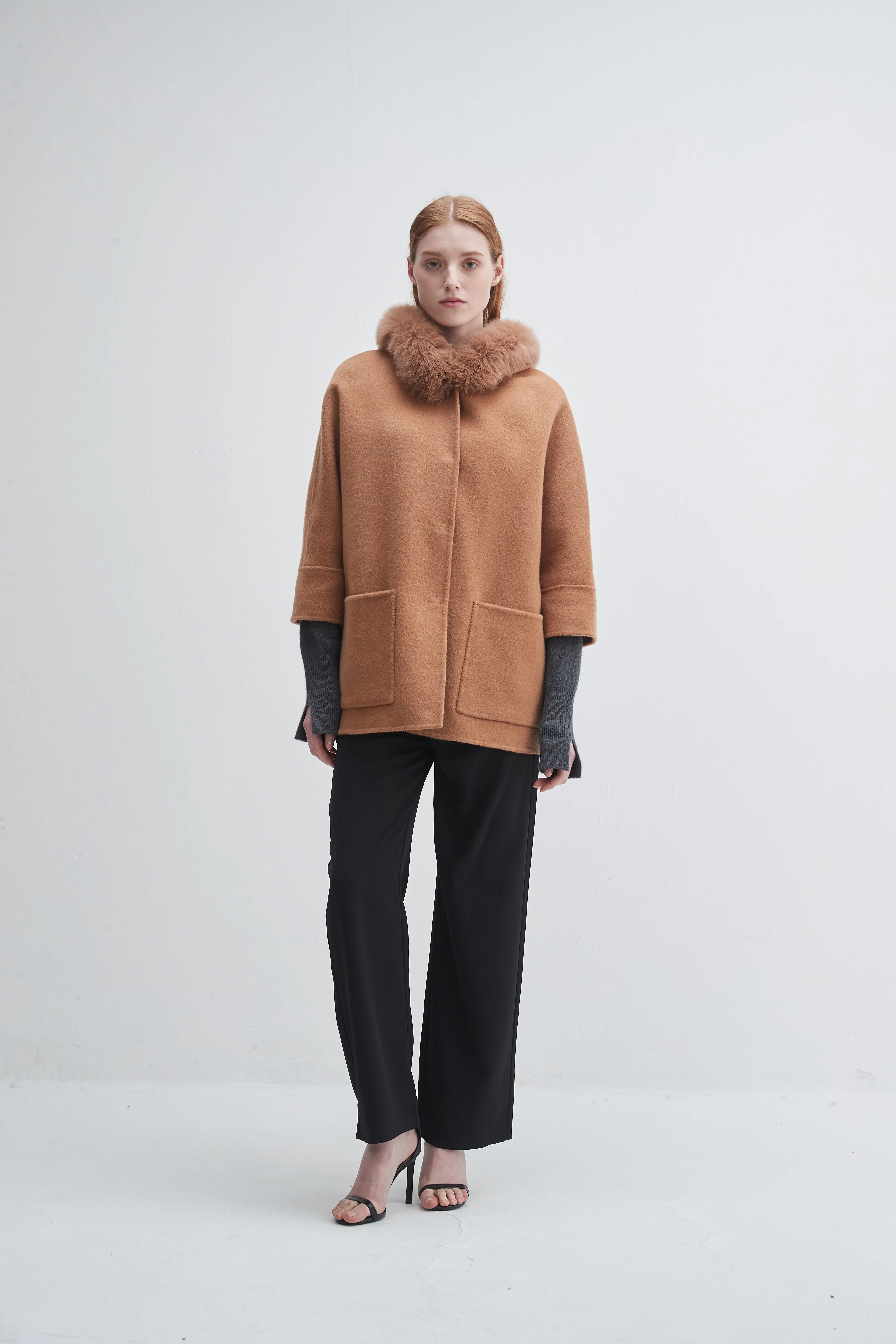 Fur Trim Hooded Cashmere Jacket