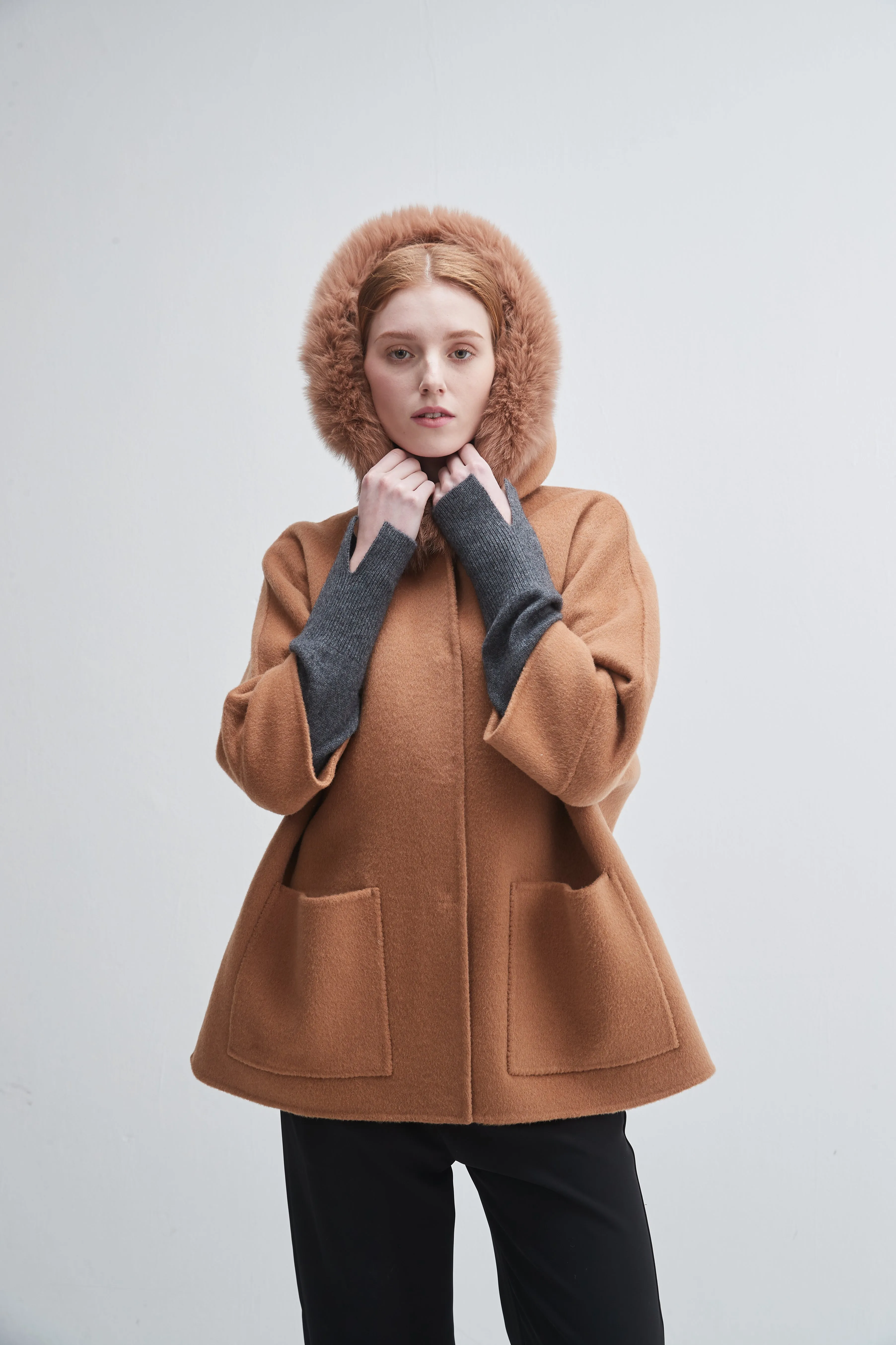 Fur Trim Hooded Cashmere Jacket