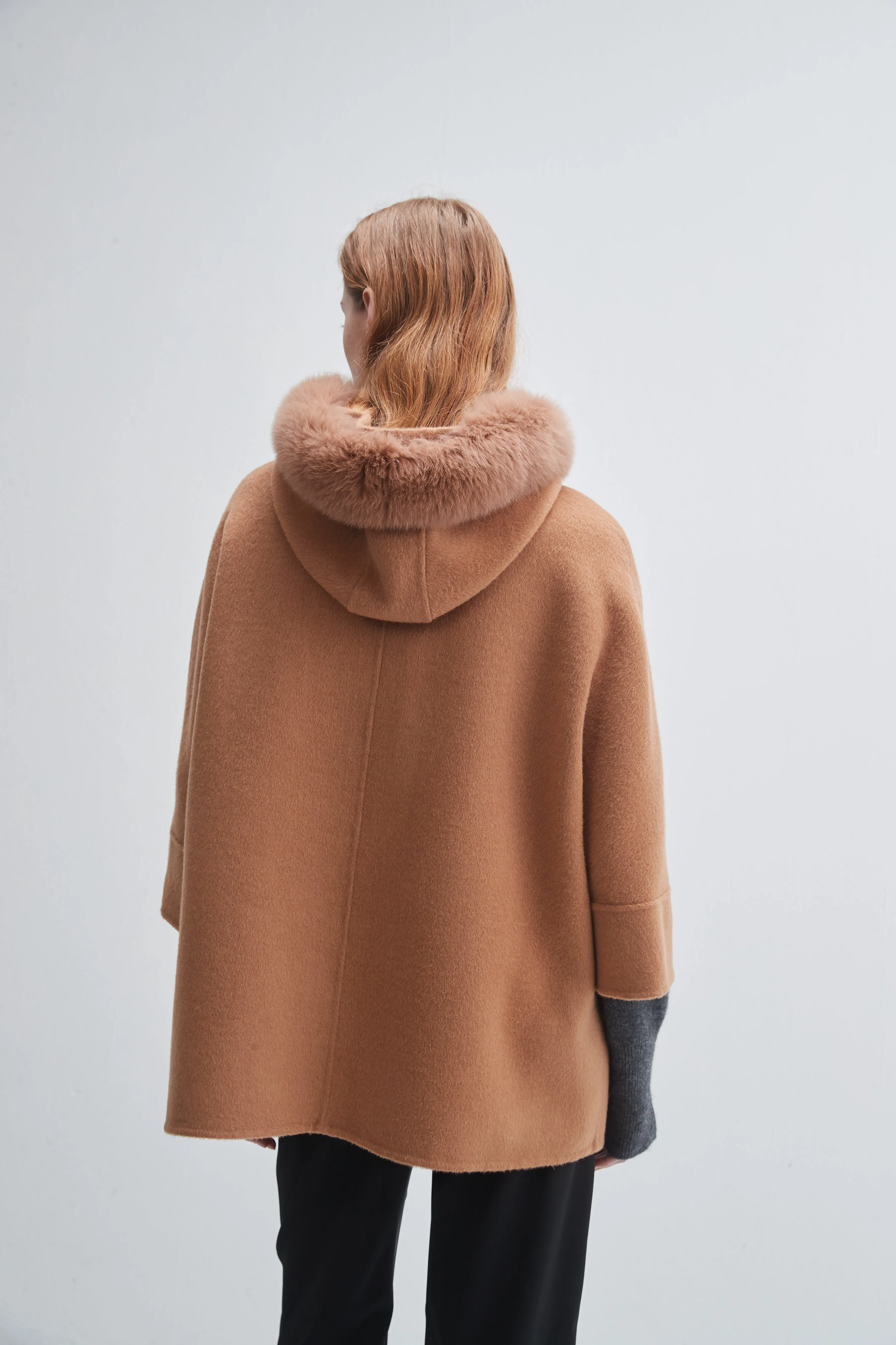 Fur Trim Hooded Cashmere Jacket