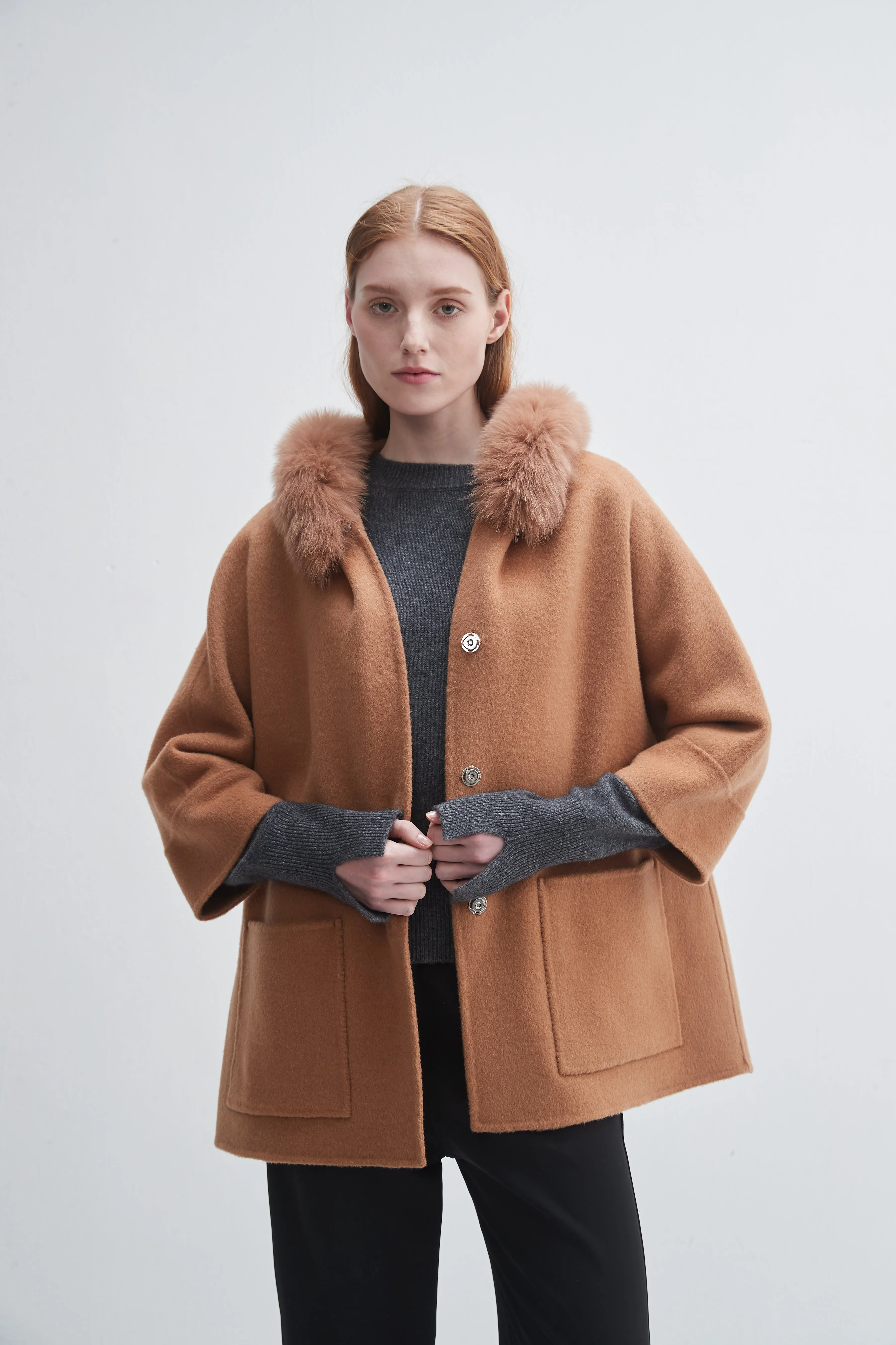 Fur Trim Hooded Cashmere Jacket