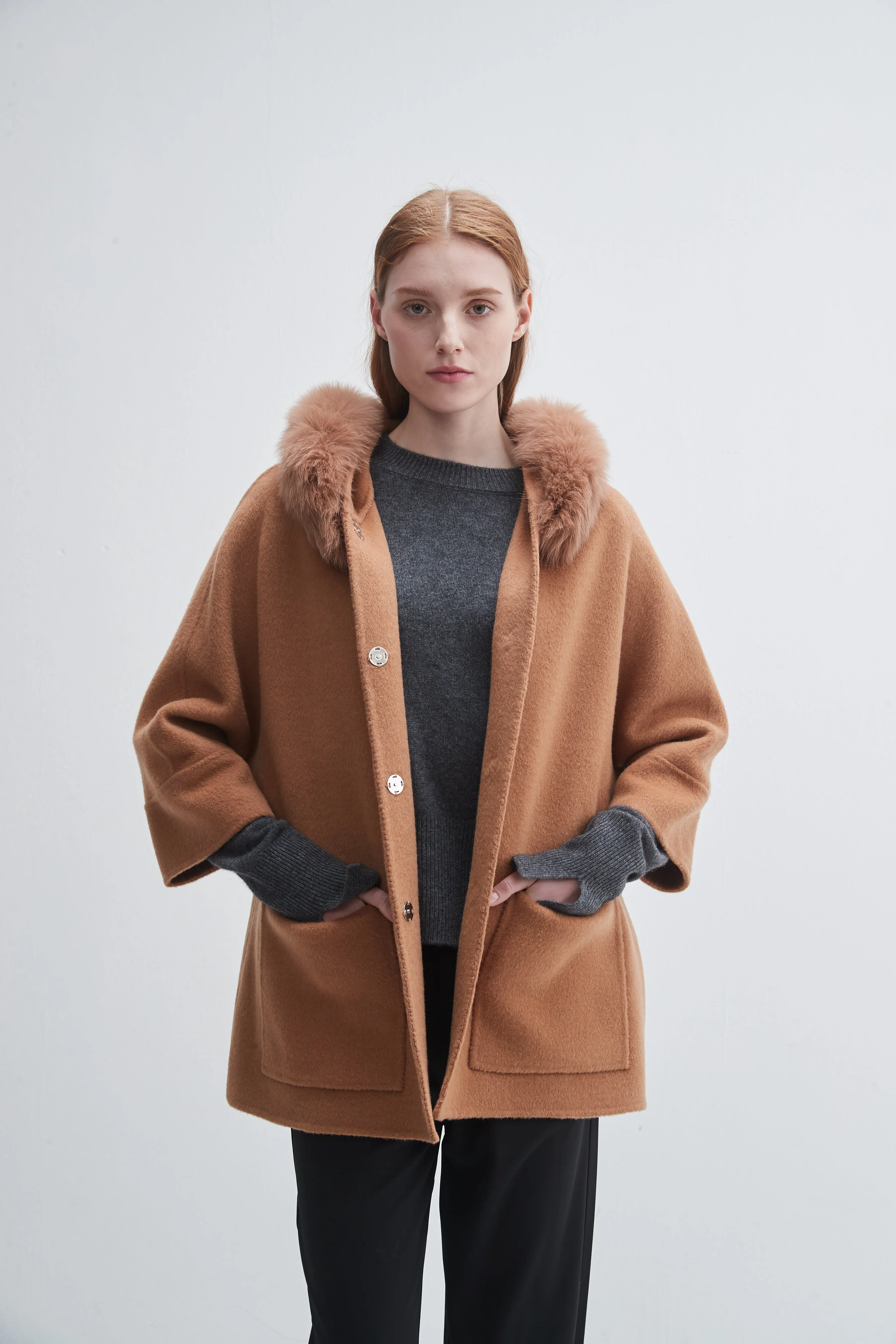 Fur Trim Hooded Cashmere Jacket