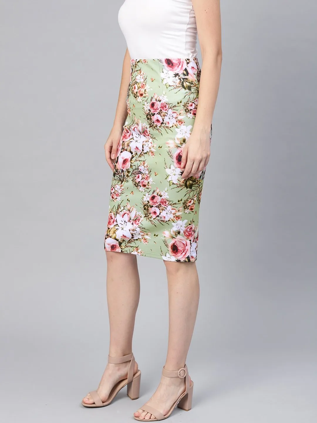 Green Floral Pencil Skirt