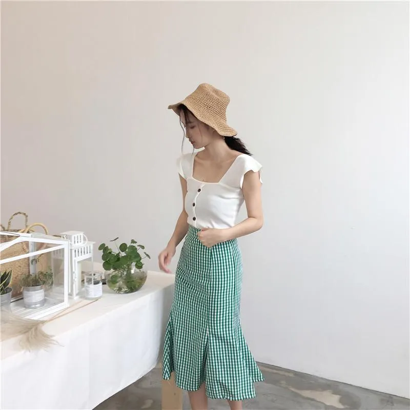 Knit Wavy Shoulders Elegant Fron Buttons Top