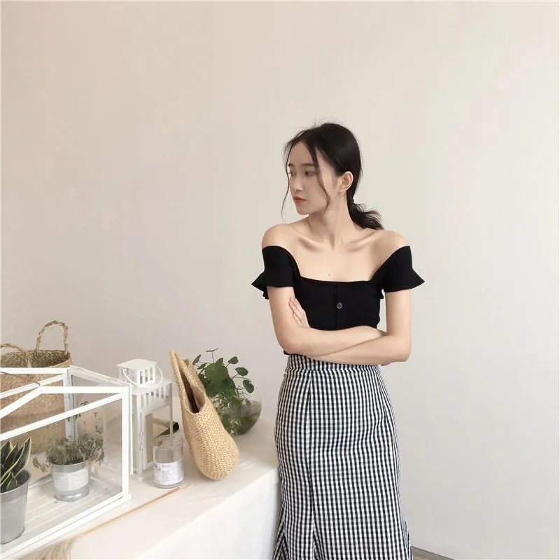 Knit Wavy Shoulders Elegant Fron Buttons Top
