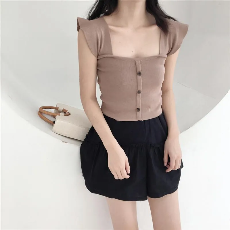 Knit Wavy Shoulders Elegant Fron Buttons Top