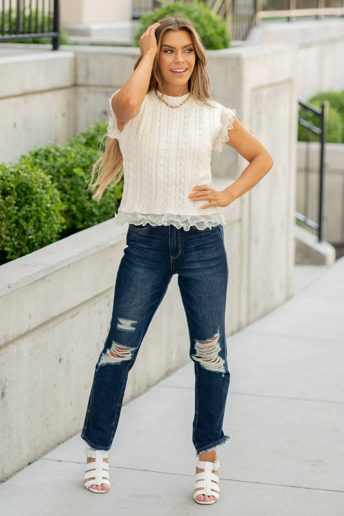 Layered Pleat Chiffon Edge Cable Knit Top