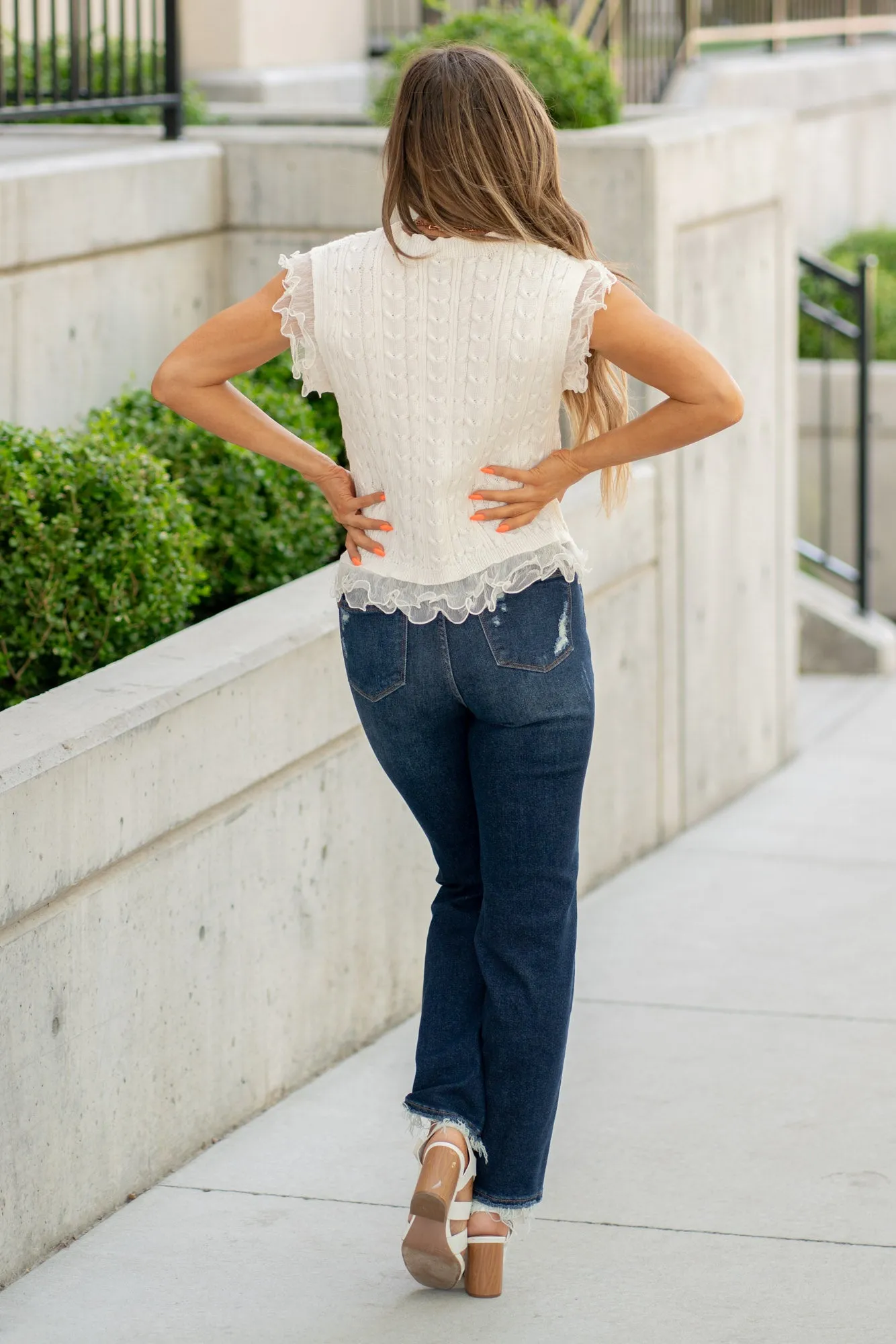 Layered Pleat Chiffon Edge Cable Knit Top