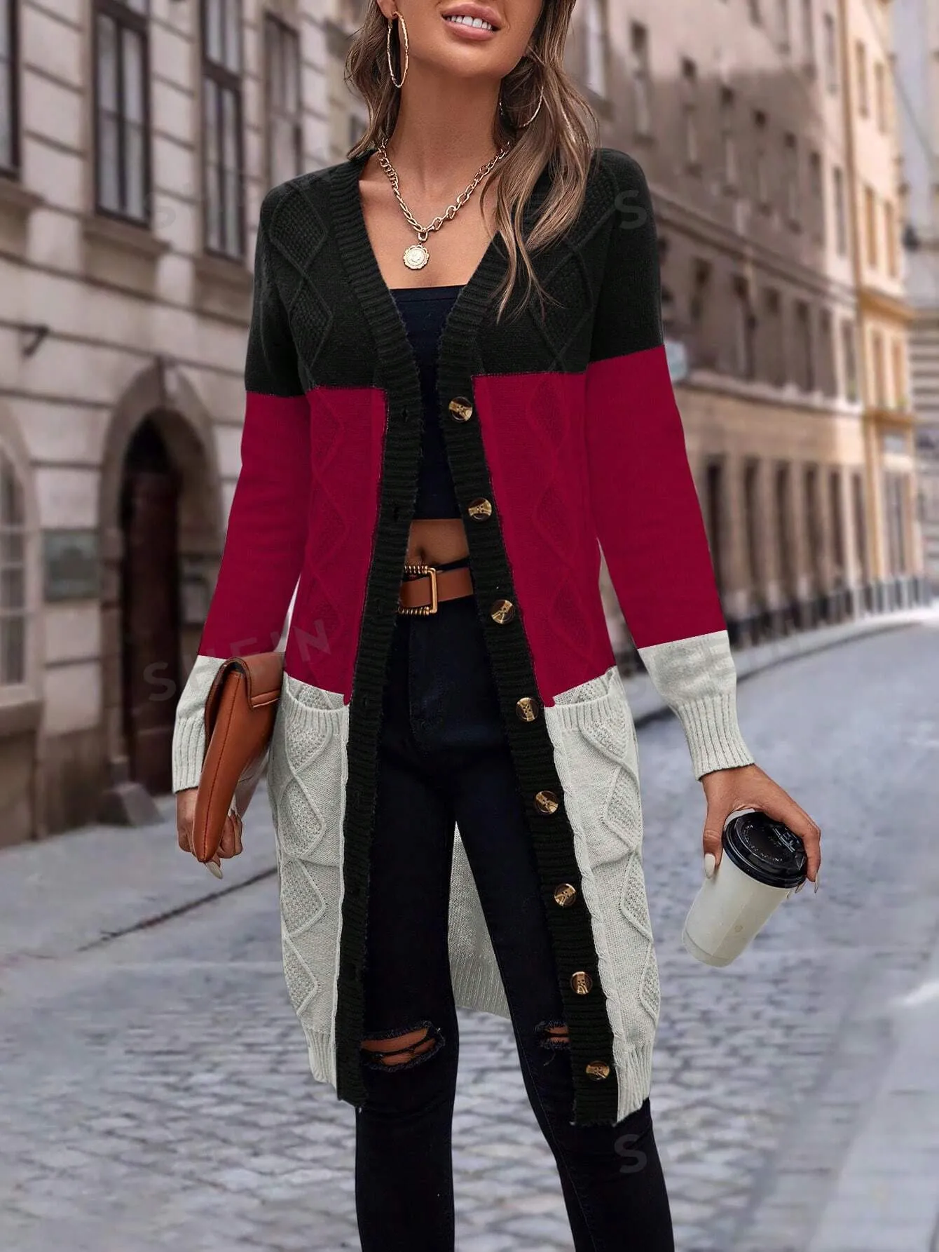 LUNE Color Block Dual Pocket Button Front Cardigan