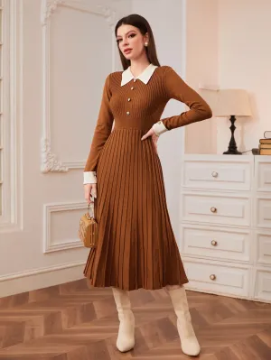 Modely Contrast Collar Pleated Sweater Dress