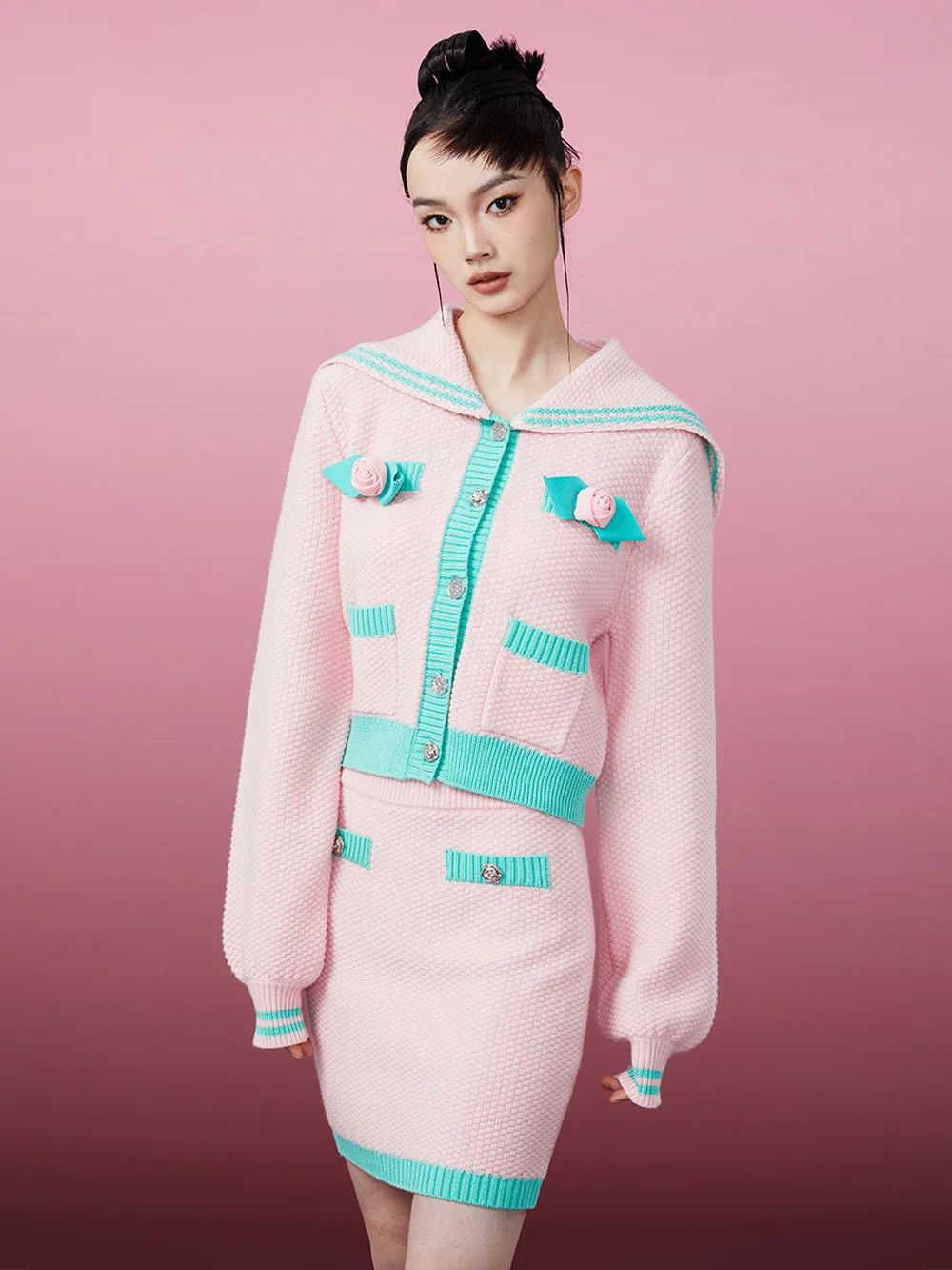 MUKZIN Pink and Green Color-blocking Knited Cardigan