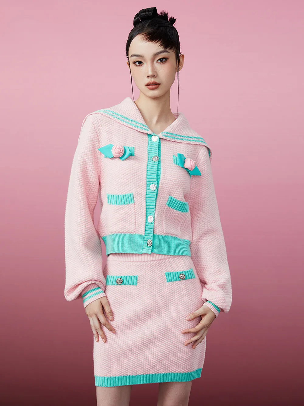 MUKZIN Pink and Green Color-blocking Knited Cardigan