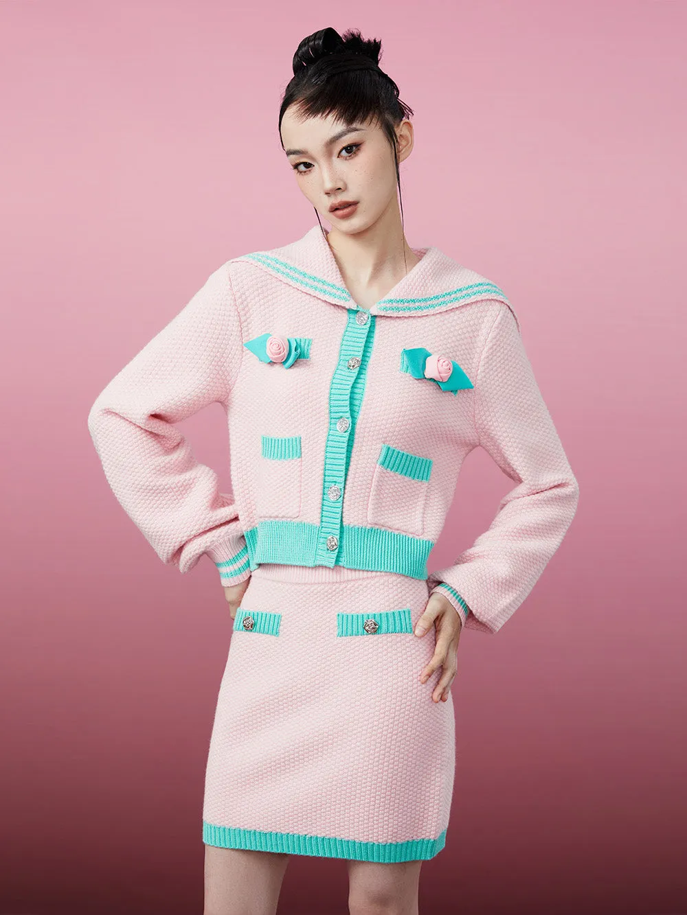 MUKZIN Pink and Green Color-blocking Knited Cardigan