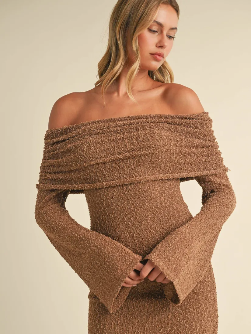 Off Shoulder Sleeve Sweater Mini Dress Toffee