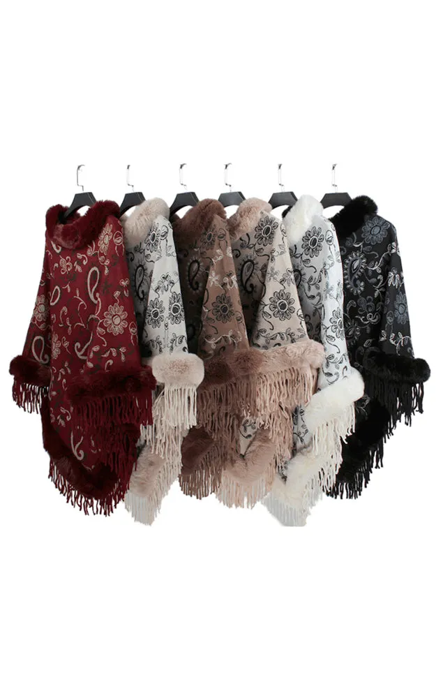 P1833 Paisley Pattern Comfy Fur Trim Poncho 6pcs Pack