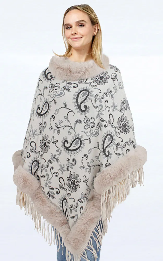P1833 Paisley Pattern Comfy Fur Trim Poncho 6pcs Pack