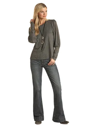 Panhandle Slim Women's Grey Stripe Knit Puff Sleeve Top