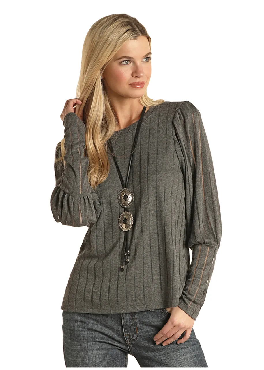 Panhandle Slim Women's Grey Stripe Knit Puff Sleeve Top