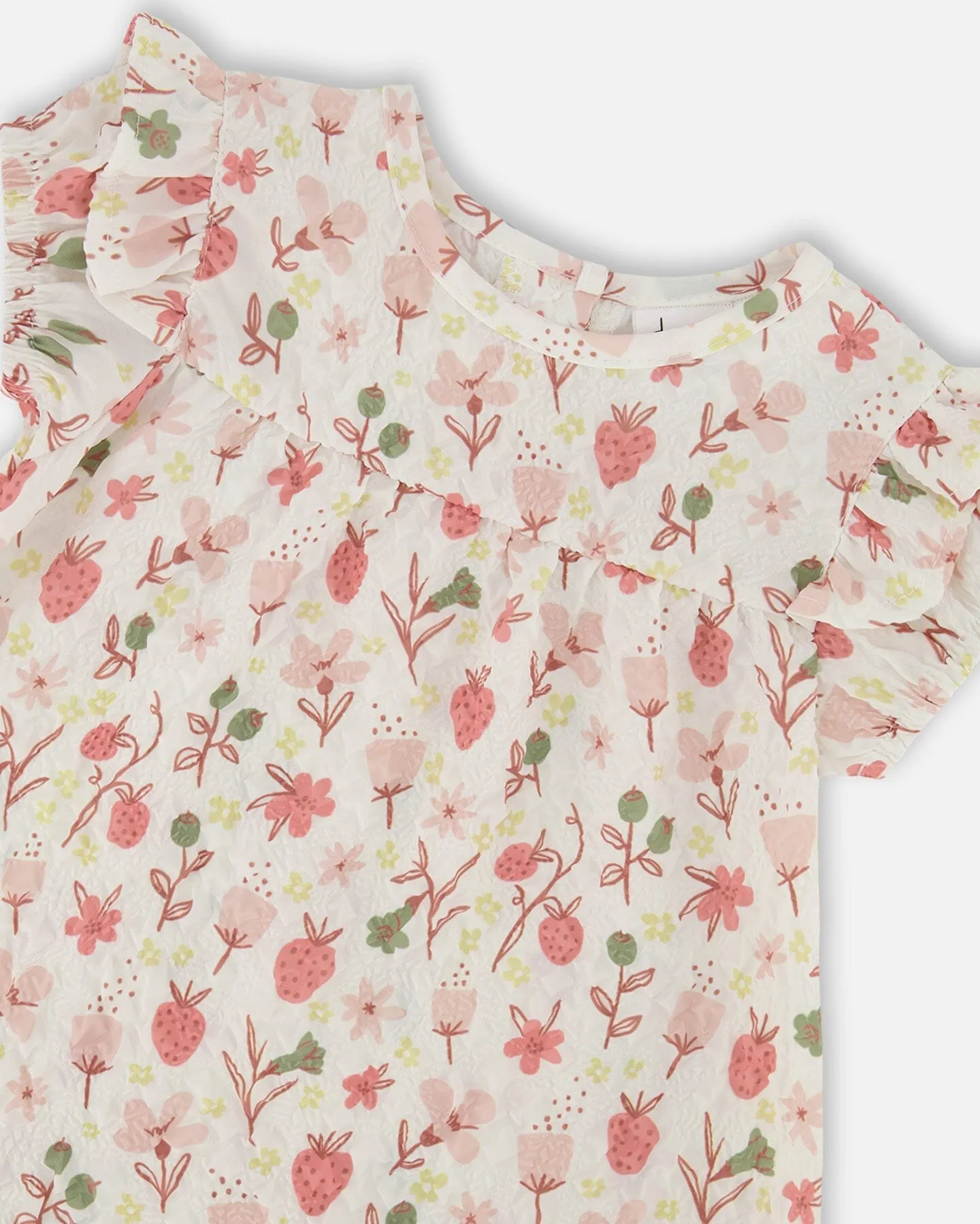 Printed Seersucker Dress And Bloomer Set Pink Flowers On Cream Background