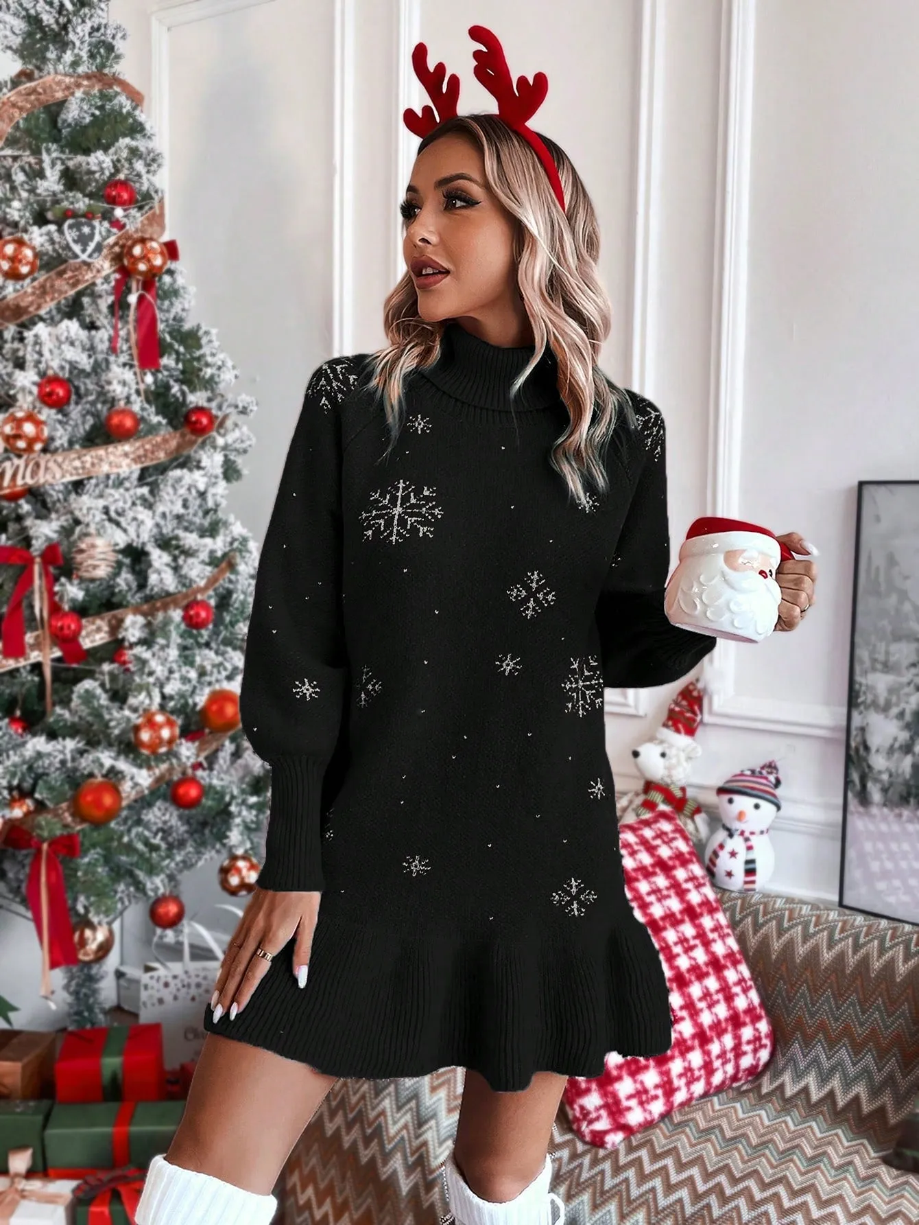 Snowflake Pattern Turtleneck Sweater Dress