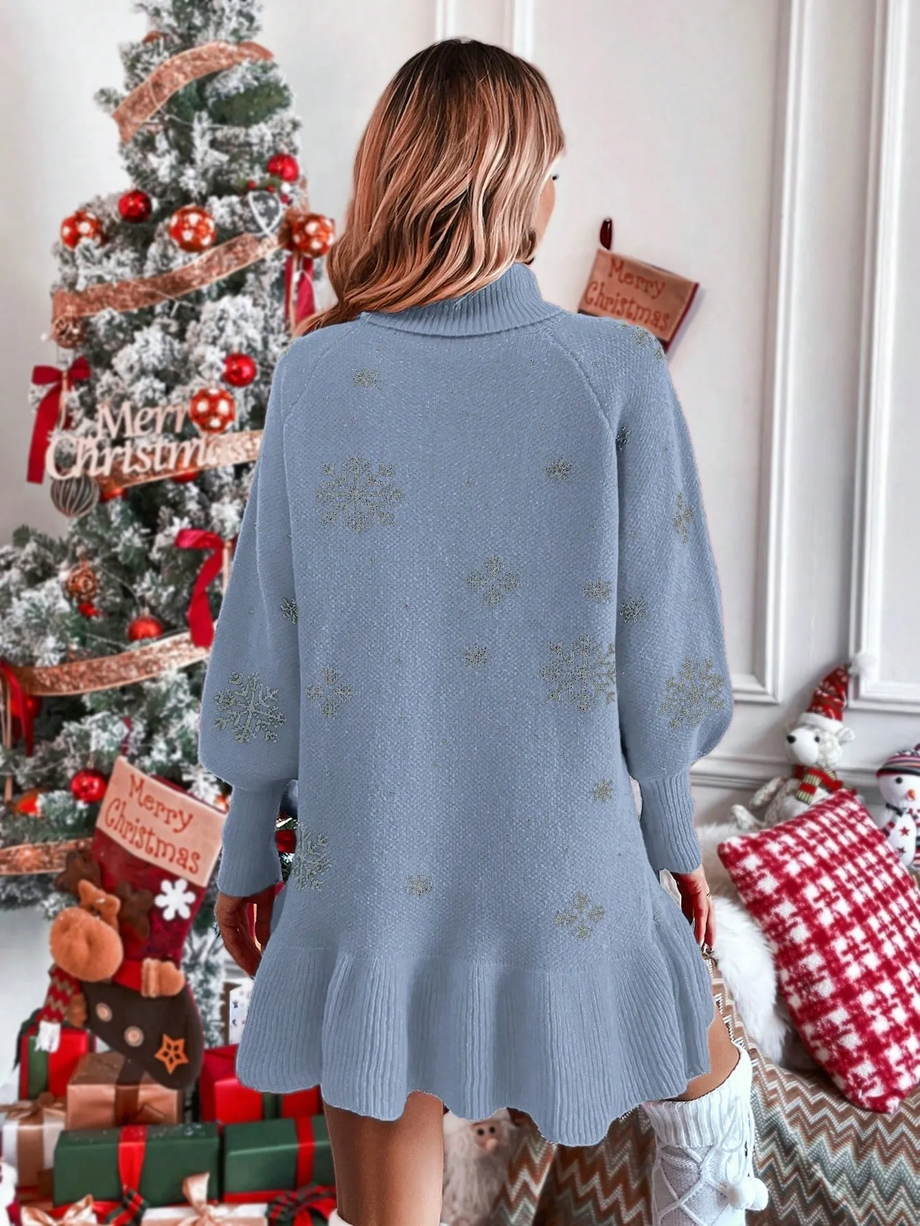 Snowflake Pattern Turtleneck Sweater Dress