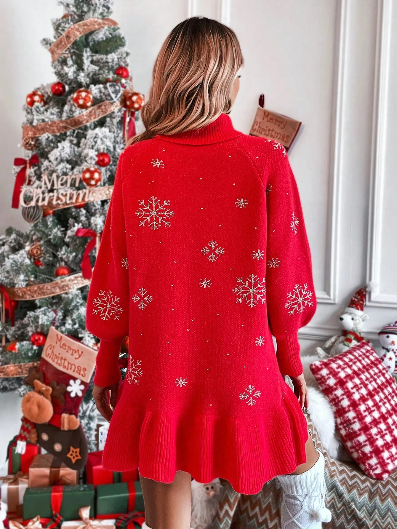 Snowflake Pattern Turtleneck Sweater Dress