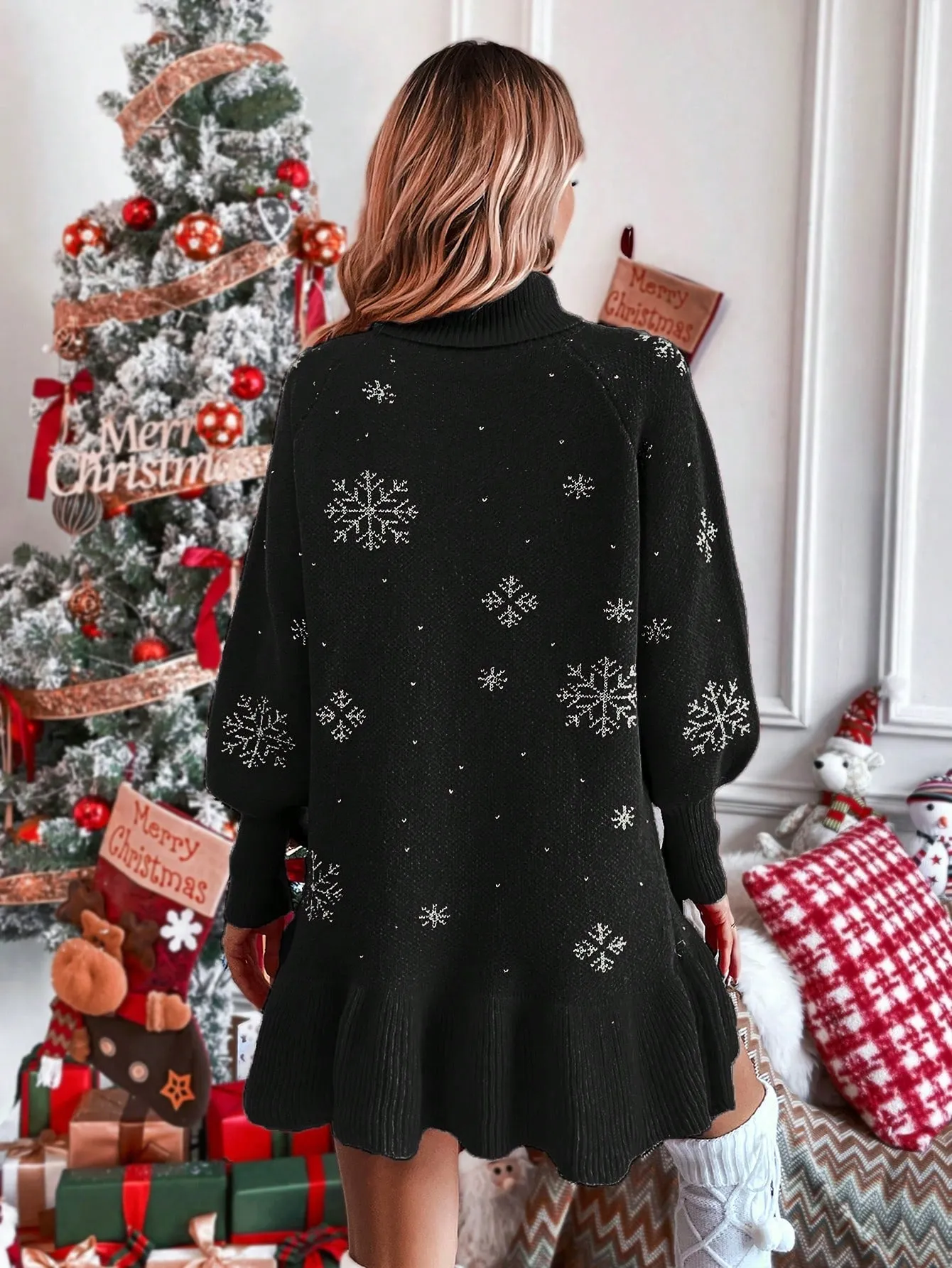 Snowflake Pattern Turtleneck Sweater Dress