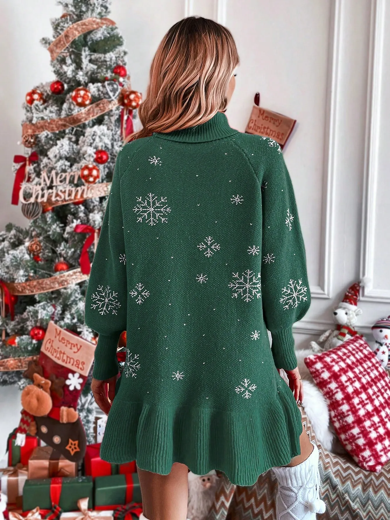 Snowflake Pattern Turtleneck Sweater Dress