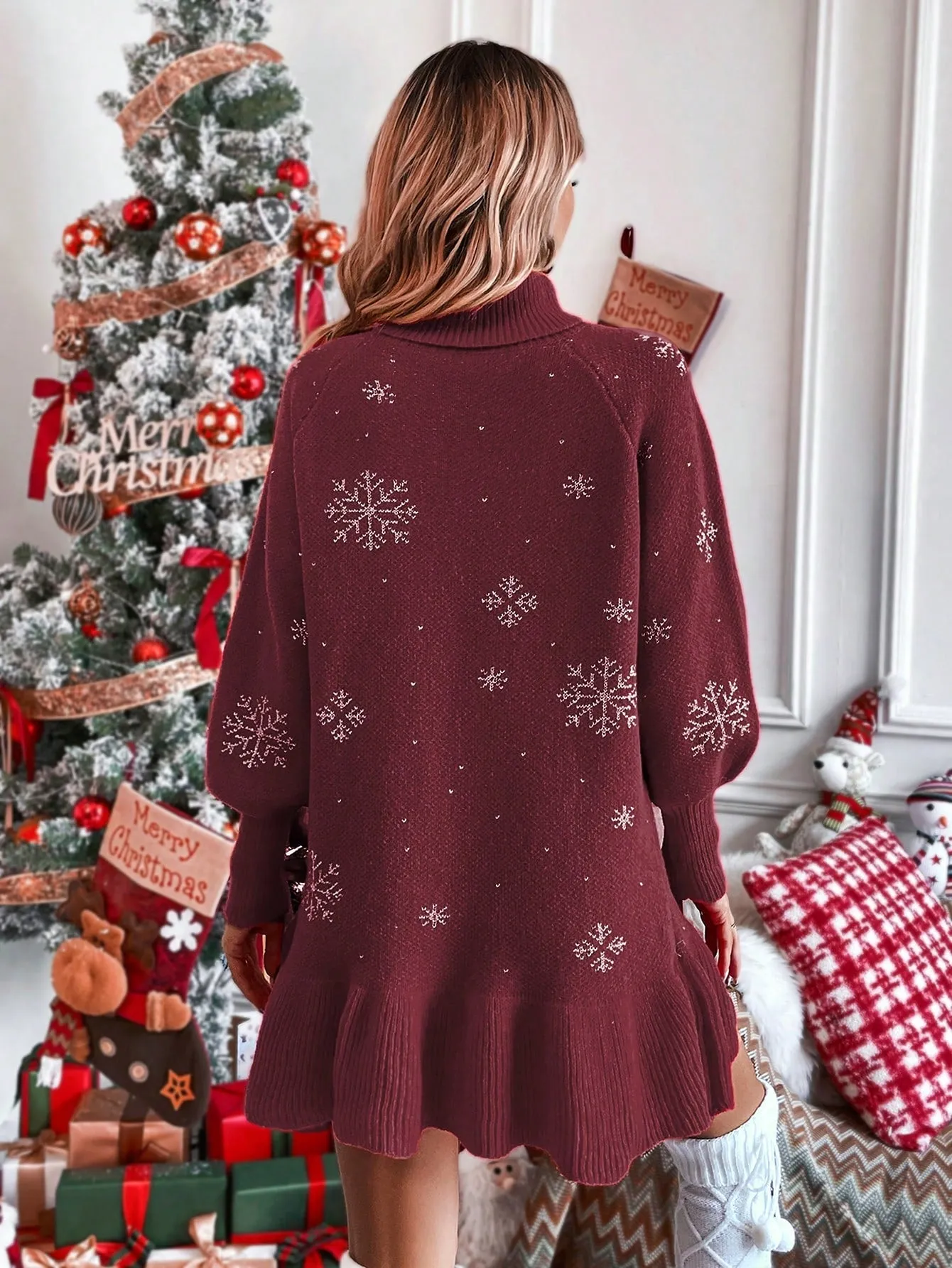 Snowflake Pattern Turtleneck Sweater Dress