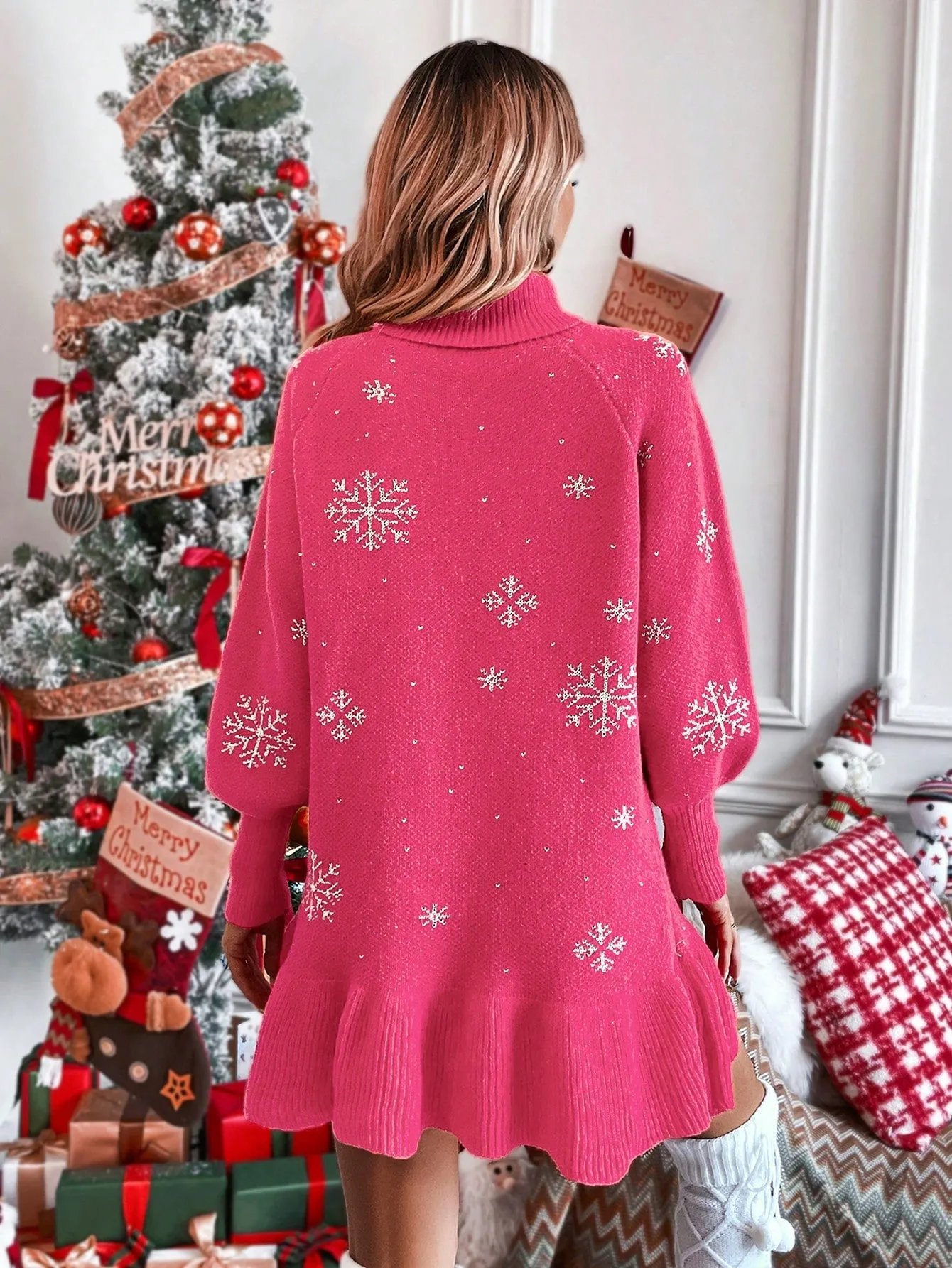 Snowflake Pattern Turtleneck Sweater Dress