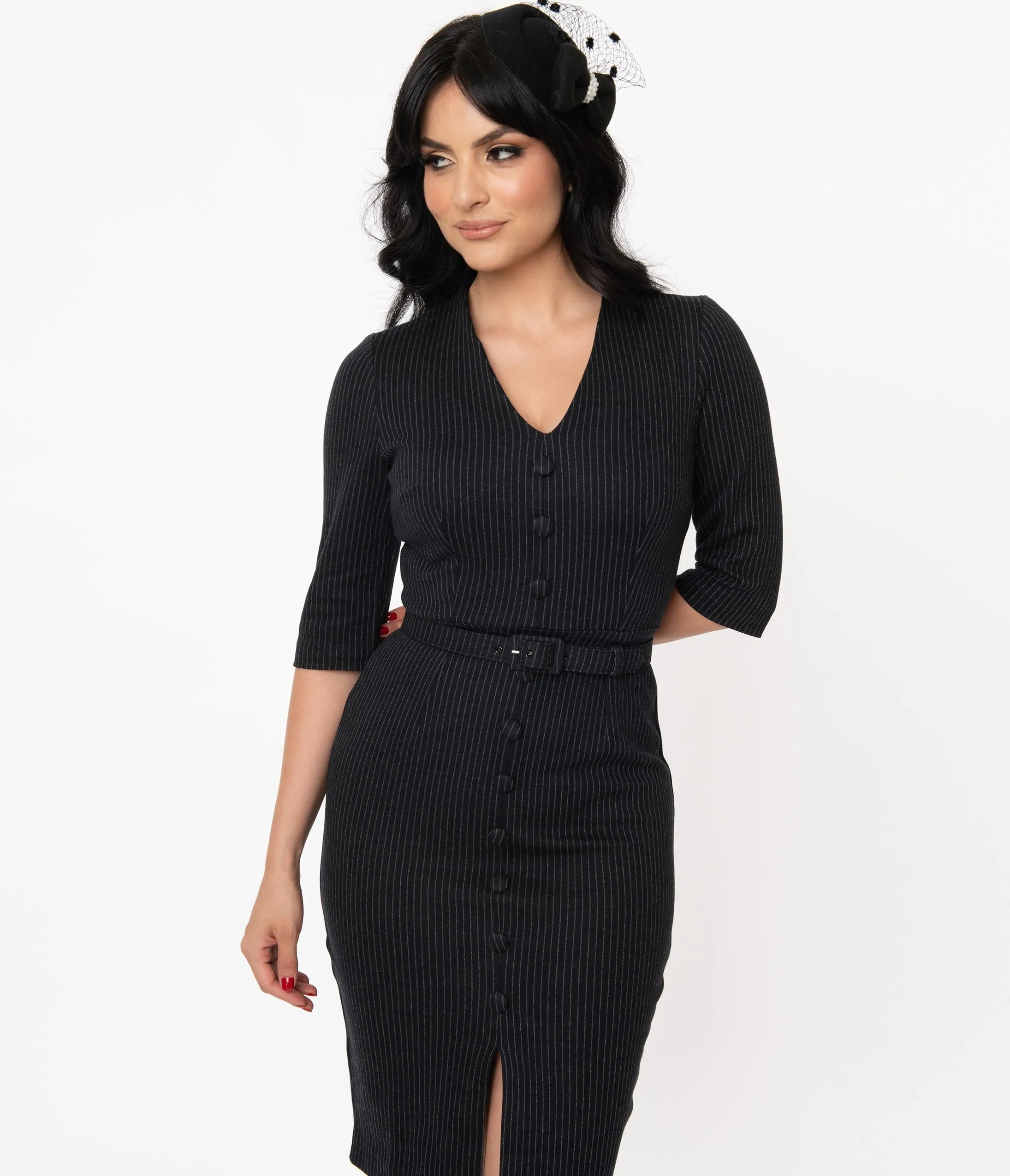Vintage Diva 1940s Black Pinstripe Lina Pencil Dress