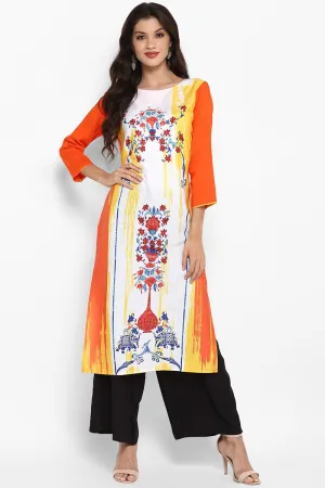 White & Orange Polyester Floral Printed Straight Kurta