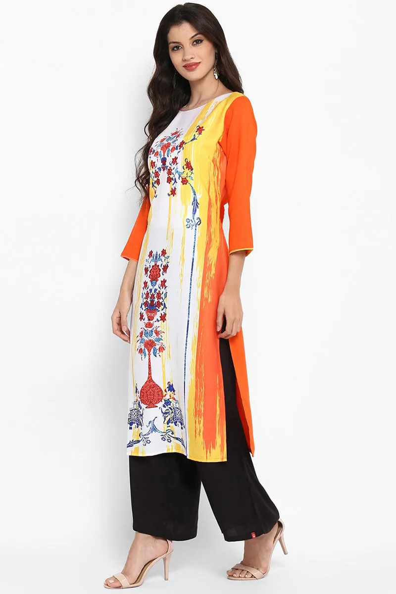 White & Orange Polyester Floral Printed Straight Kurta