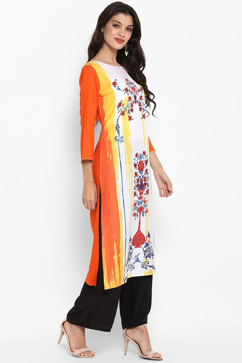 White & Orange Polyester Floral Printed Straight Kurta