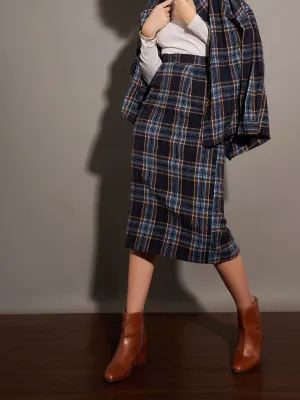 Women Blue Yarn dyed Check Pencil Skirt